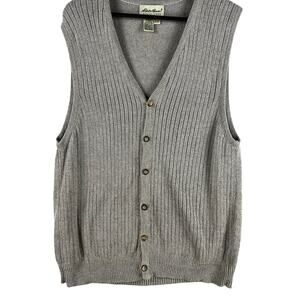 VTG Eddie Bauer Mens Sweater Vest M Beige Ribbed V-Neck Button Linen/Cotton